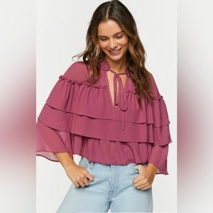 NWOT Forever 21 Mauve Tiered Flounce Tie-Neck Chiffon Top Size M